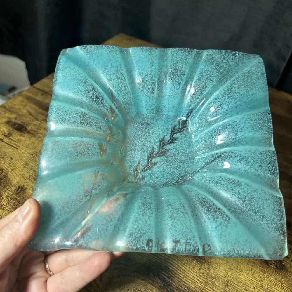 Coastal Aqua Teal Textured Glass Dish Square 6.5x6.5' Sea Inspired Accent Plate